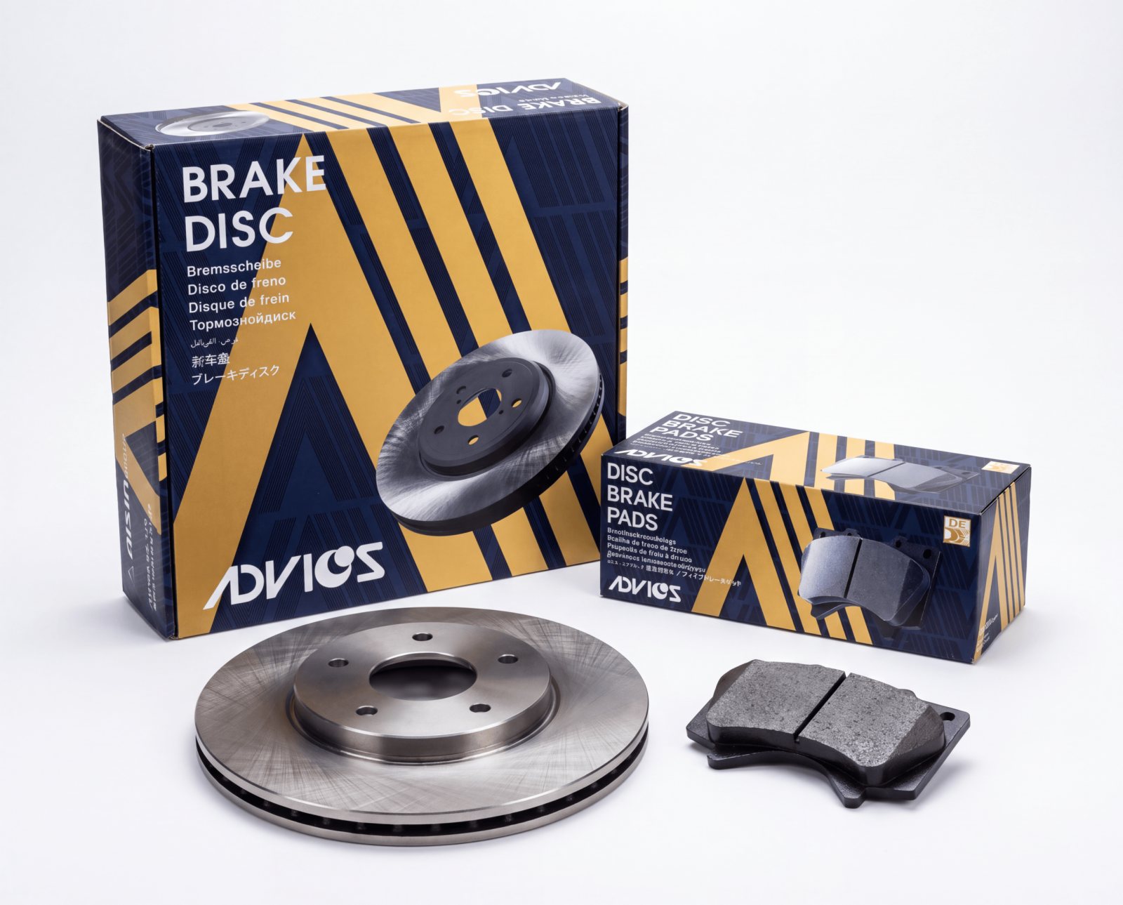 ADVICS ultra-premium brake pads and rotors. The line adds 56 pad kit SKUs and three rotor SKUs for AAPEX 2026. (ADVICS newsroom og:image, 2560x2062)