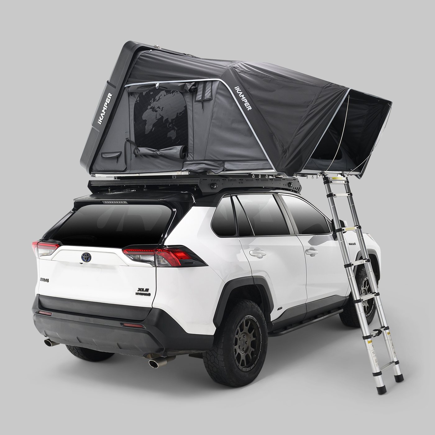 The iKamper Skycamp 4.0 Trio rooftop tent, rear quarter view