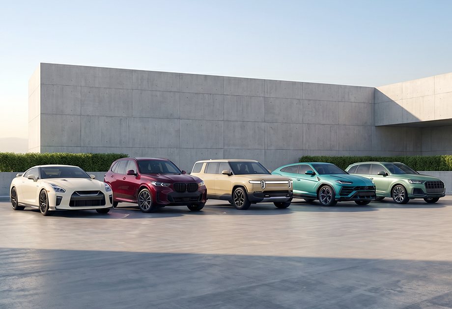 Five-vehicle lineup with each car wrapped in one of the five new Supreme Wrapping Film spring colors (verified PNG, 920x628)