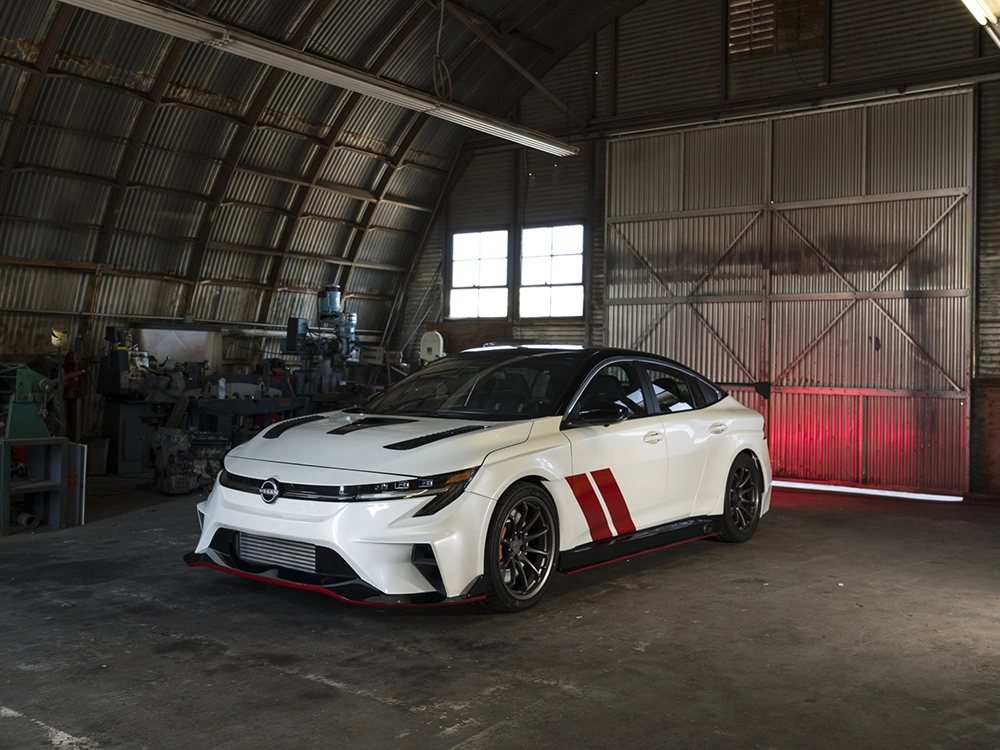 The Nissan Sentra Spec-V concept, with a custom body kit and GT-R NISMO rear spoiler, debuting at the 2026 SEMA Show.