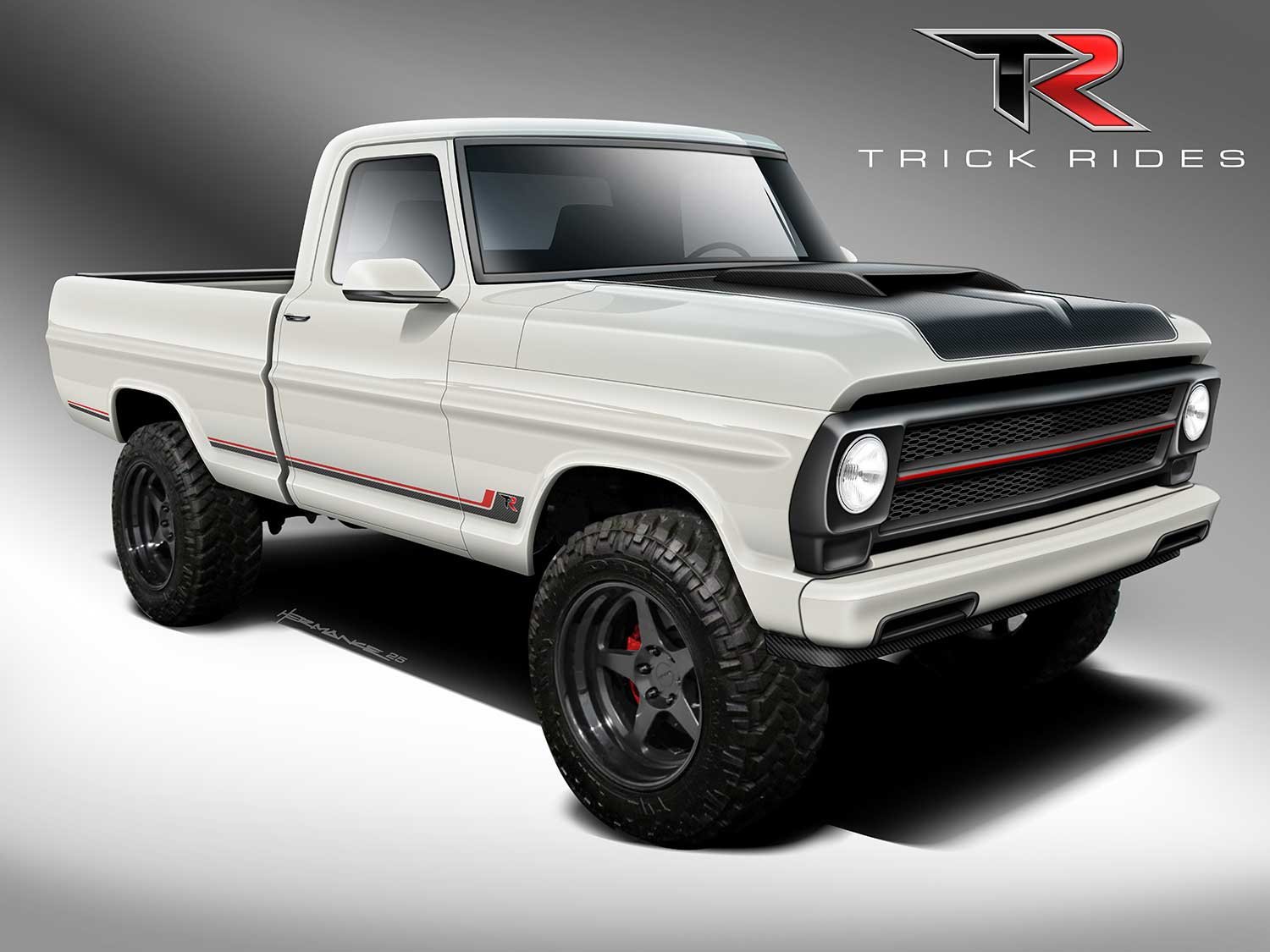 Rendering of “Tricky,” the Trick Rides carbon fiber 1968 Ford F-100 4x4 debuting at the 2026 SEMA Show.