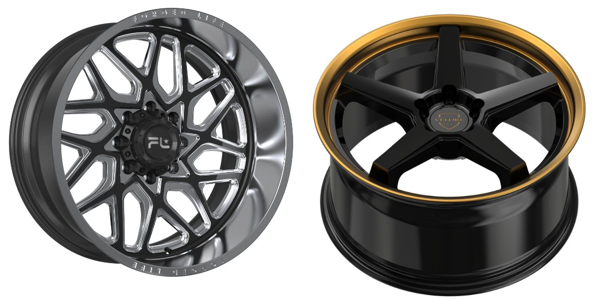 A Forged Life wheel (left) and a Velore wheel (right), the two new brands Vision Wheel is debuting at the 2026 SEMA Show.