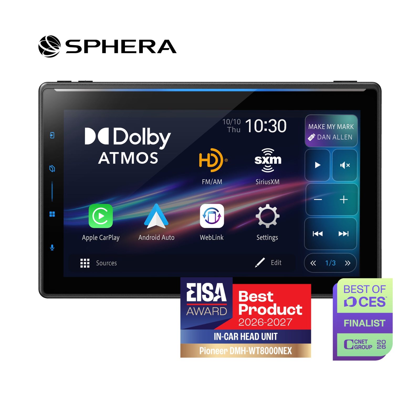Pioneer SPHERA DMH-WT8000NEX receiver with CES award badges