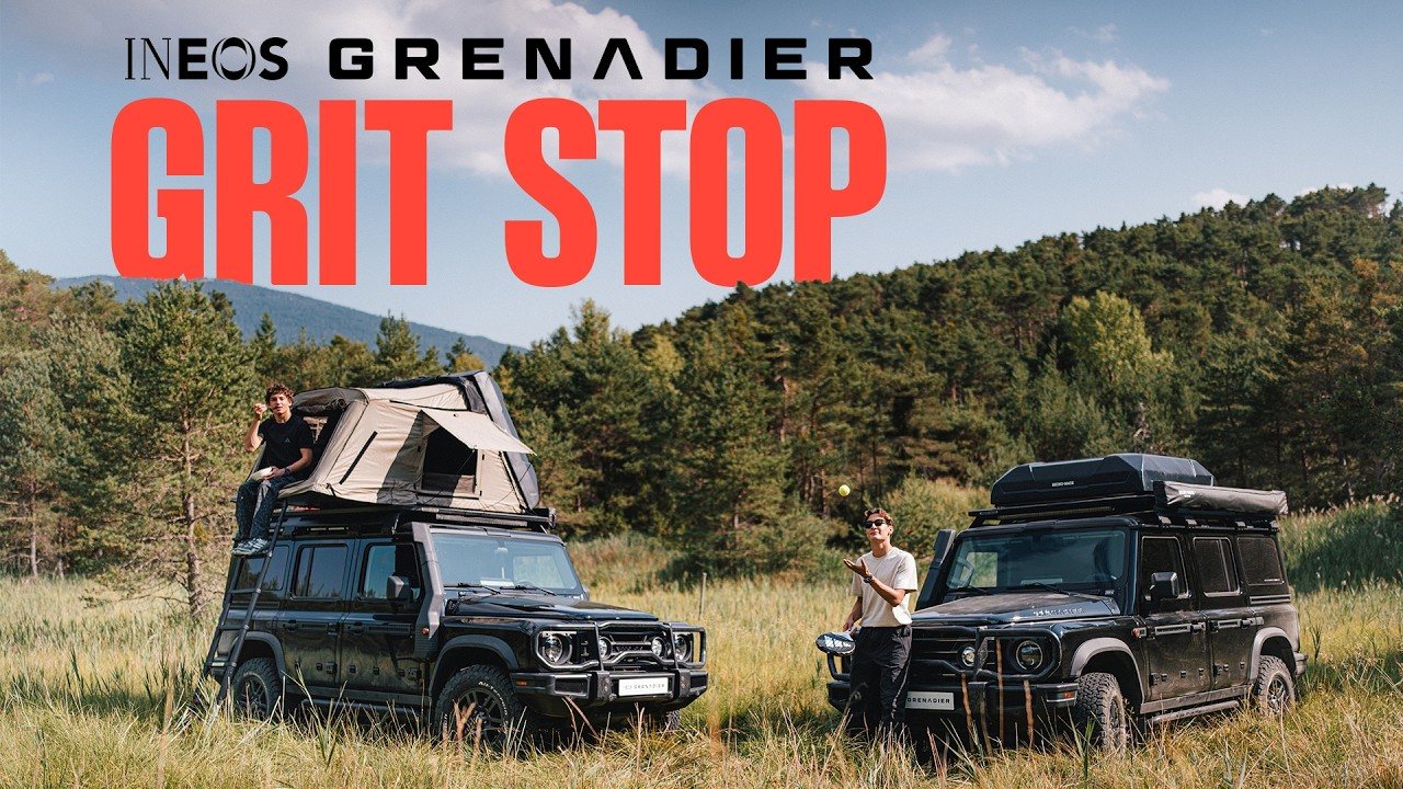 George Russell and Kimi Antonelli with INEOS Grenadier 4x4s during the Grit Stop campaign.
