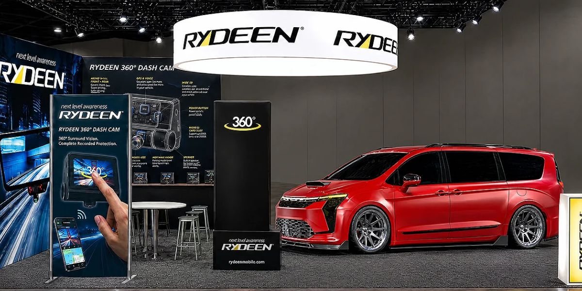 Rydeen's SEMA 2026 booth with the VANkulture Chrysler Pacifica running the TOMBO 360TX digital mirror system. (Rydeen-supplied image, 1200x600)