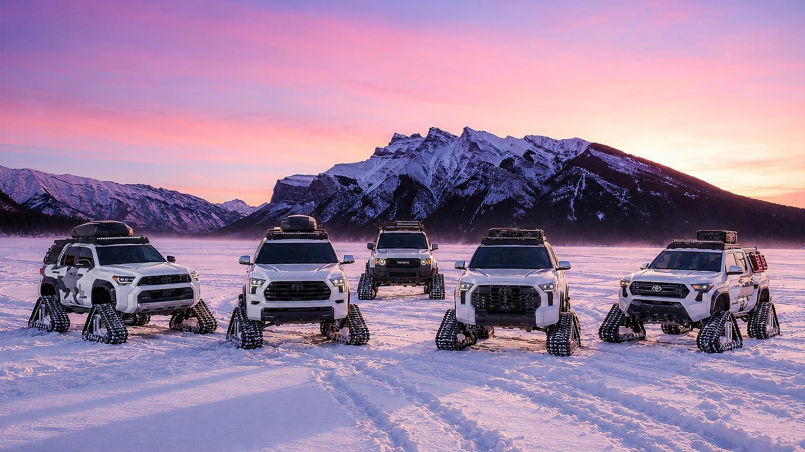 Toyota's Snowhunter concept family for the 2026 SEMA Show, five body-on-frame trucks and SUVs on white powder-coated snow tracks. (Toyota newsroom image, 1600x900)