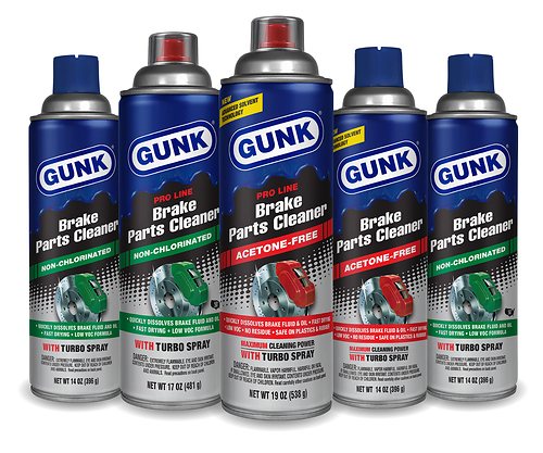 The GUNK brake cleaner family, including the new acetone-free formula.
