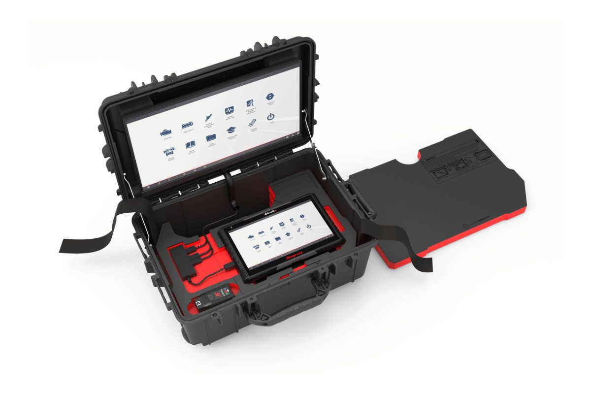 The ZEUS+ Grab N’ Go workstation, with the scan tool docked inside and the 22-inch touchscreen in the lid.