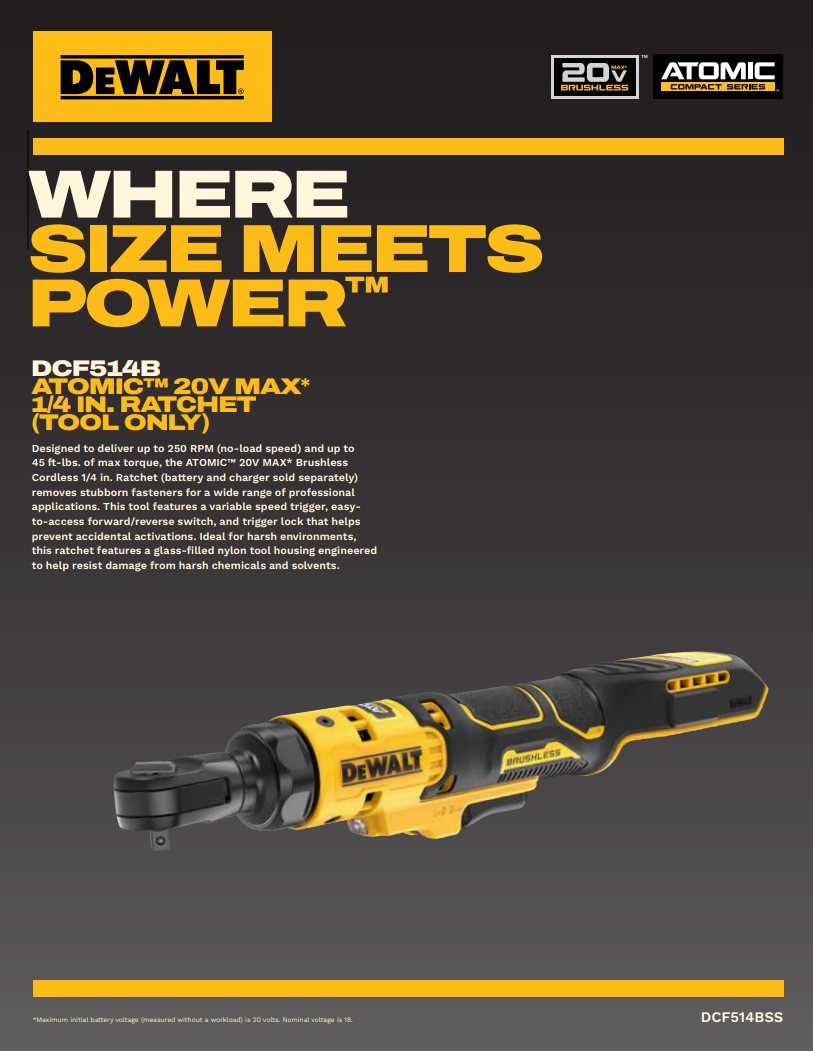DEWALT ATOMIC 20V MAX brushless 1/4 in. ratchet (DCF514B)