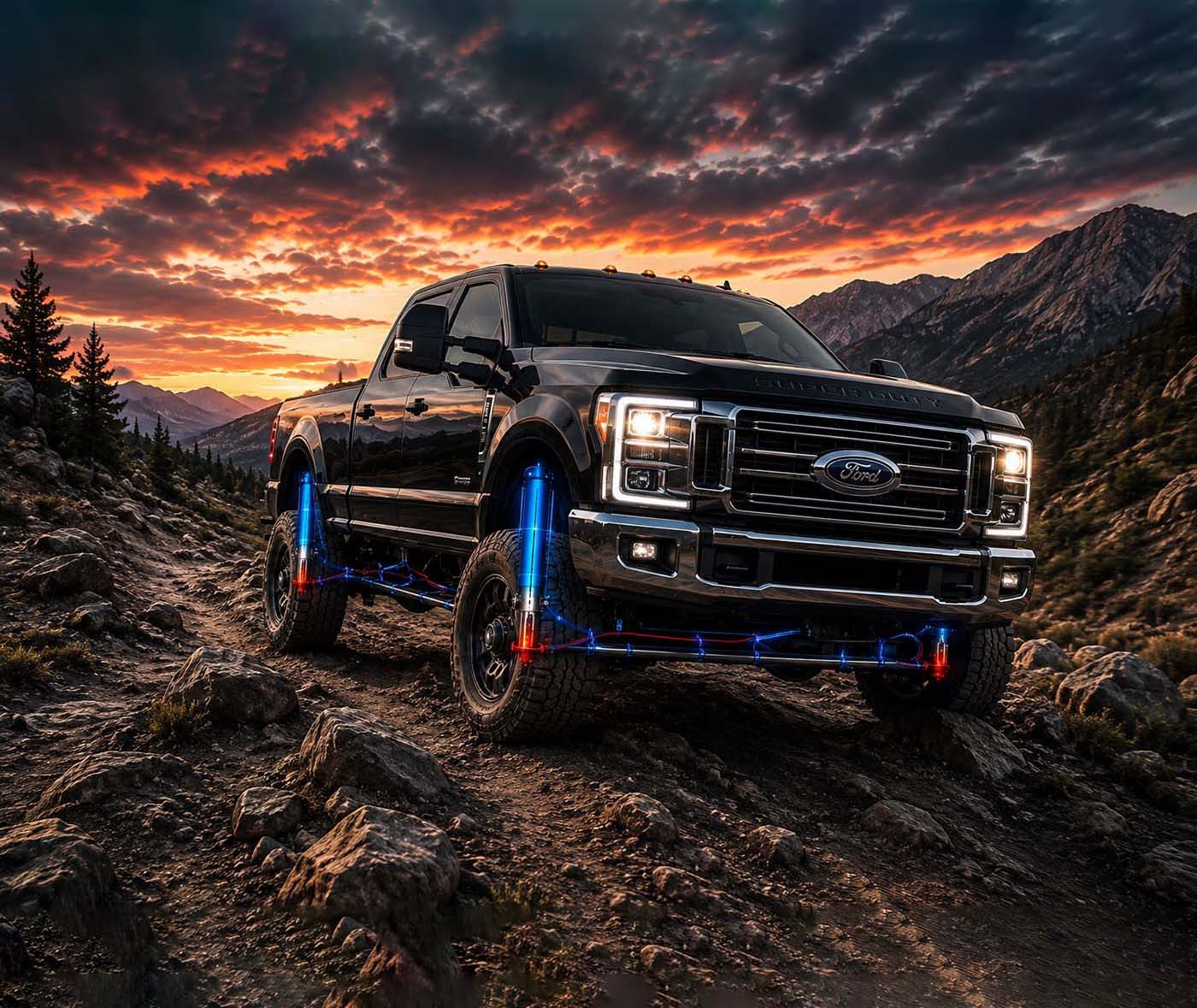 Ford Super Duty on a rocky mountain trail with the Adaptive Kinetics suspension components highlighted.