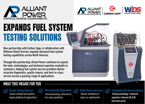 Alliant Power fuel system testing solutions announcement graphic.