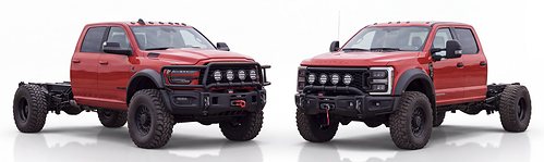 Ford and Ram severe service high mobility cab and chassis with Acela DuraLink suspension.